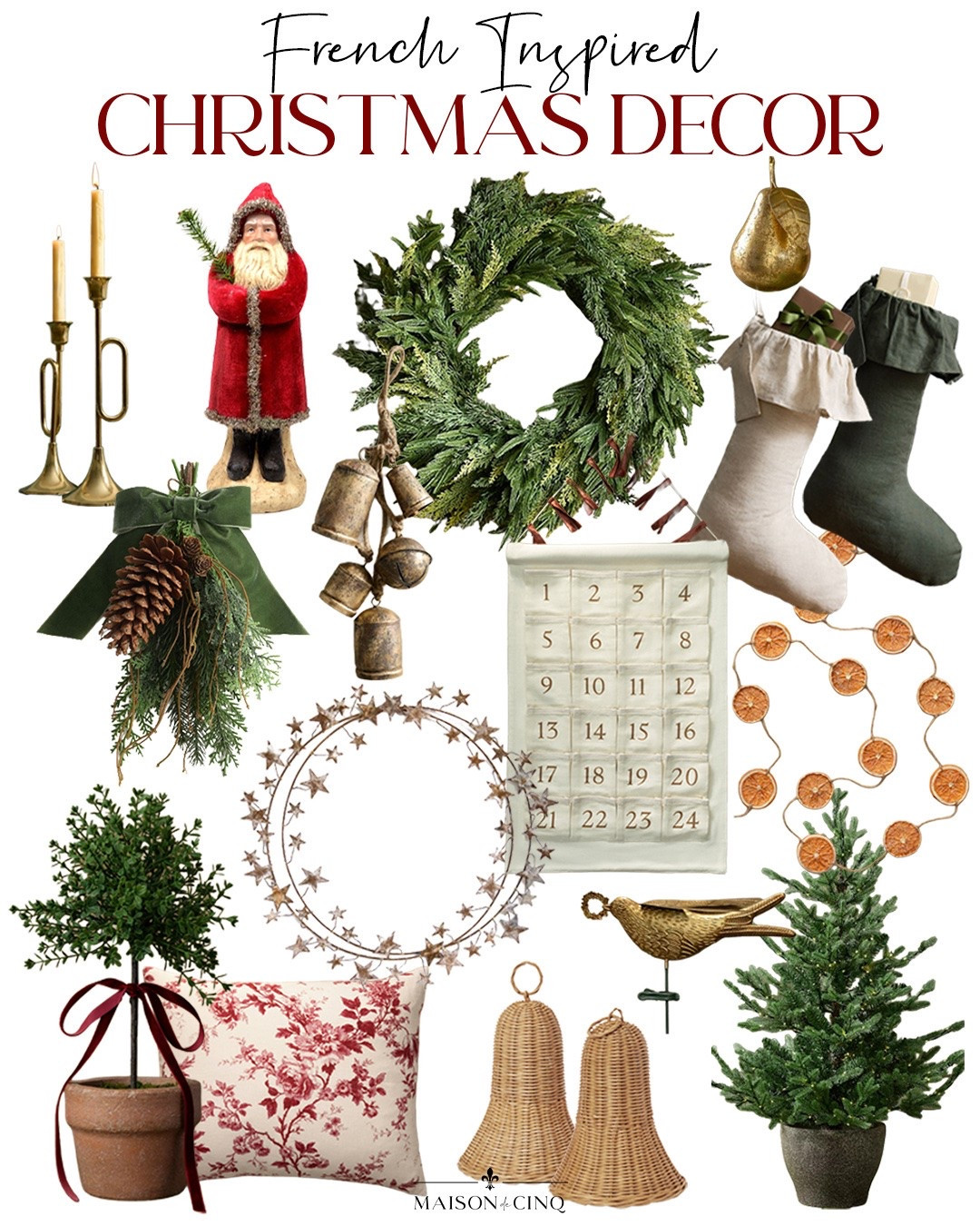 French-inspired Christmas decor finds we love!

Home decor, holiday decor, French country, French Christmas, wreath, garland, tree, stockings
