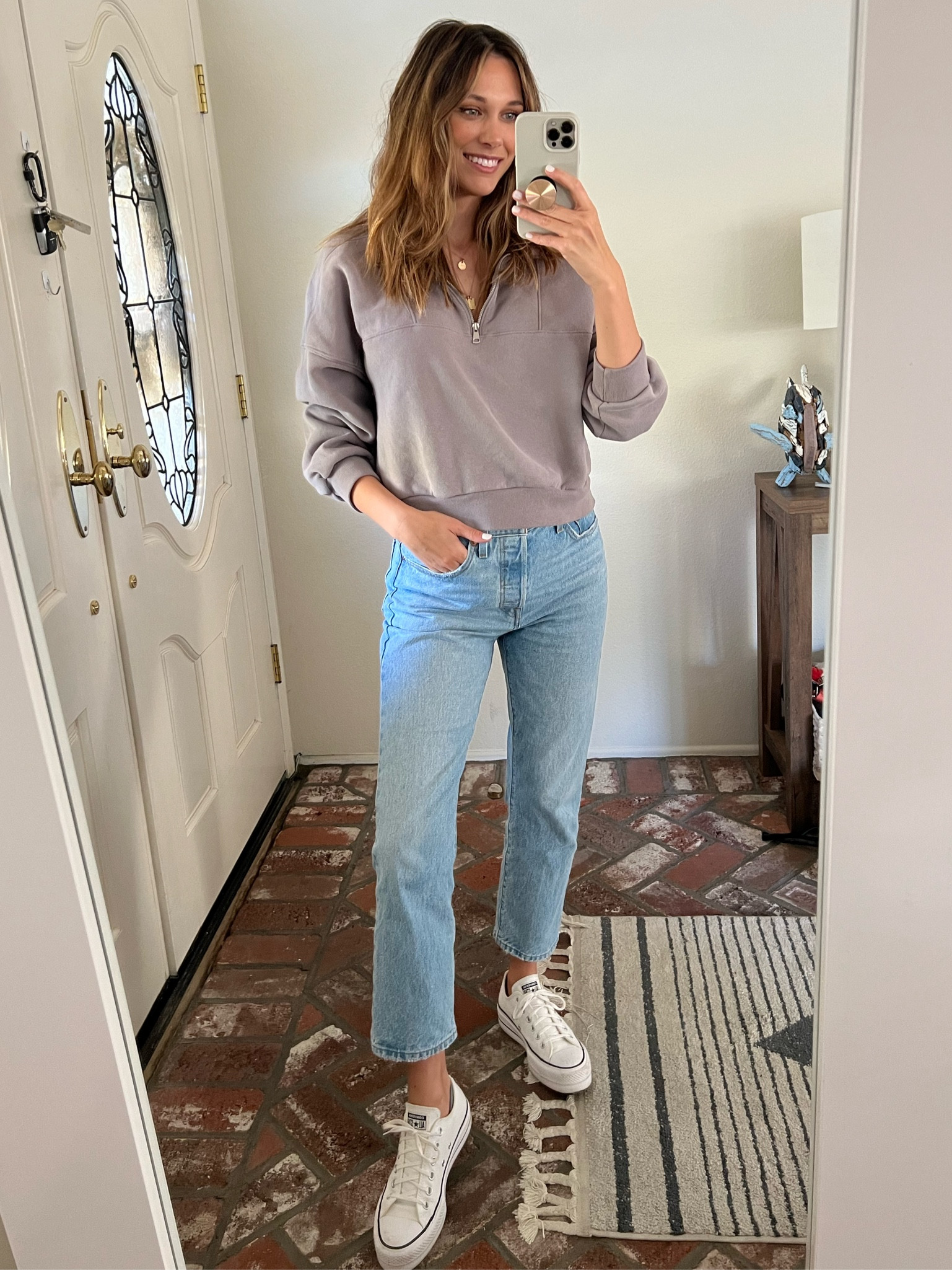 Wearing medium in sweatshirt
Jeans and shoes True to size