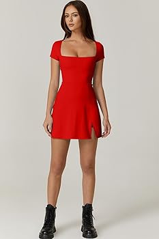 QINSEN Womens Square Neck Tennis Dress Short Sleeve Built in Shorts Golf Athletic Dress with Pock... | Amazon (US)