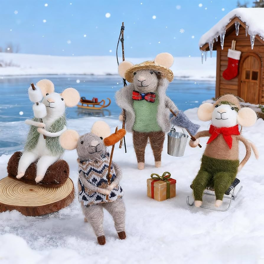 Set of 4 Christmas Felt Mouse Ornaments, 5" Mini Fishing Mice Figurines for Christmas Tree Wreath... | Amazon (US)