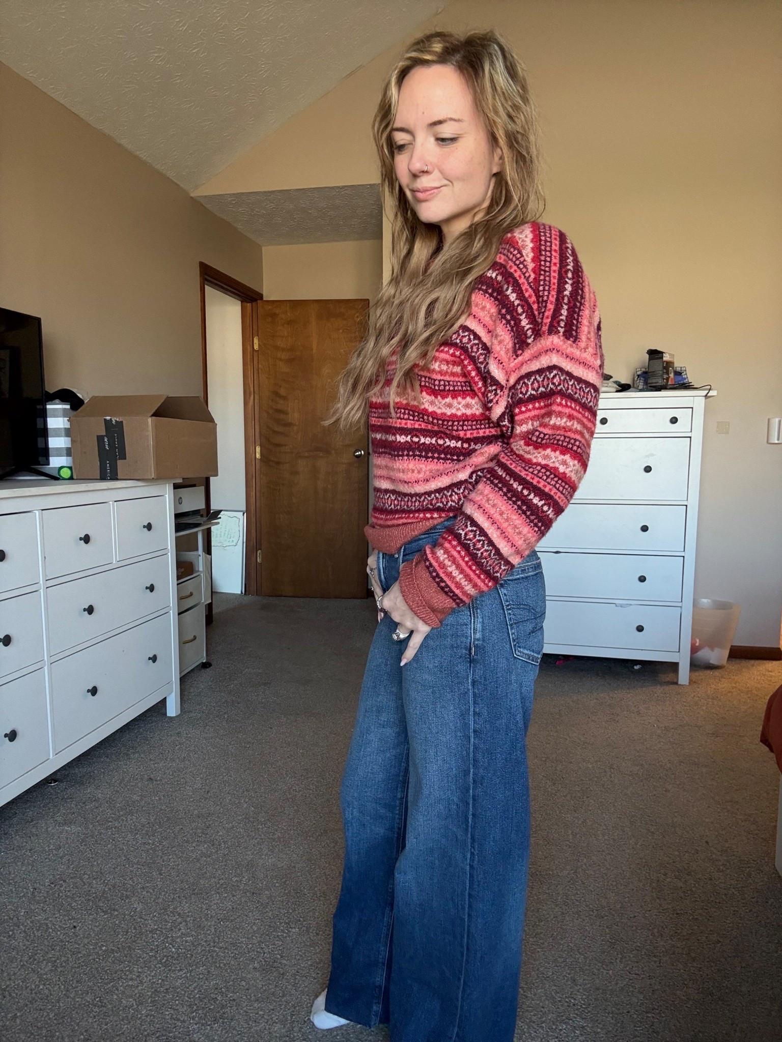 Cozy winter vibes in this soft Fair Isle sweater and the comfiest wide leg denim. Wearing an XS in the sweater and a size 0 in the Dreamy Drape jeans from American Eagle. They have that relaxed fit through the leg but still sit perfectly at the waist. Such an easy holiday outfit, winter casual look, or everyday mom outfit that feels cute without trying too hard. 

#LTKHoliday #LTKootd #LTKmomlife