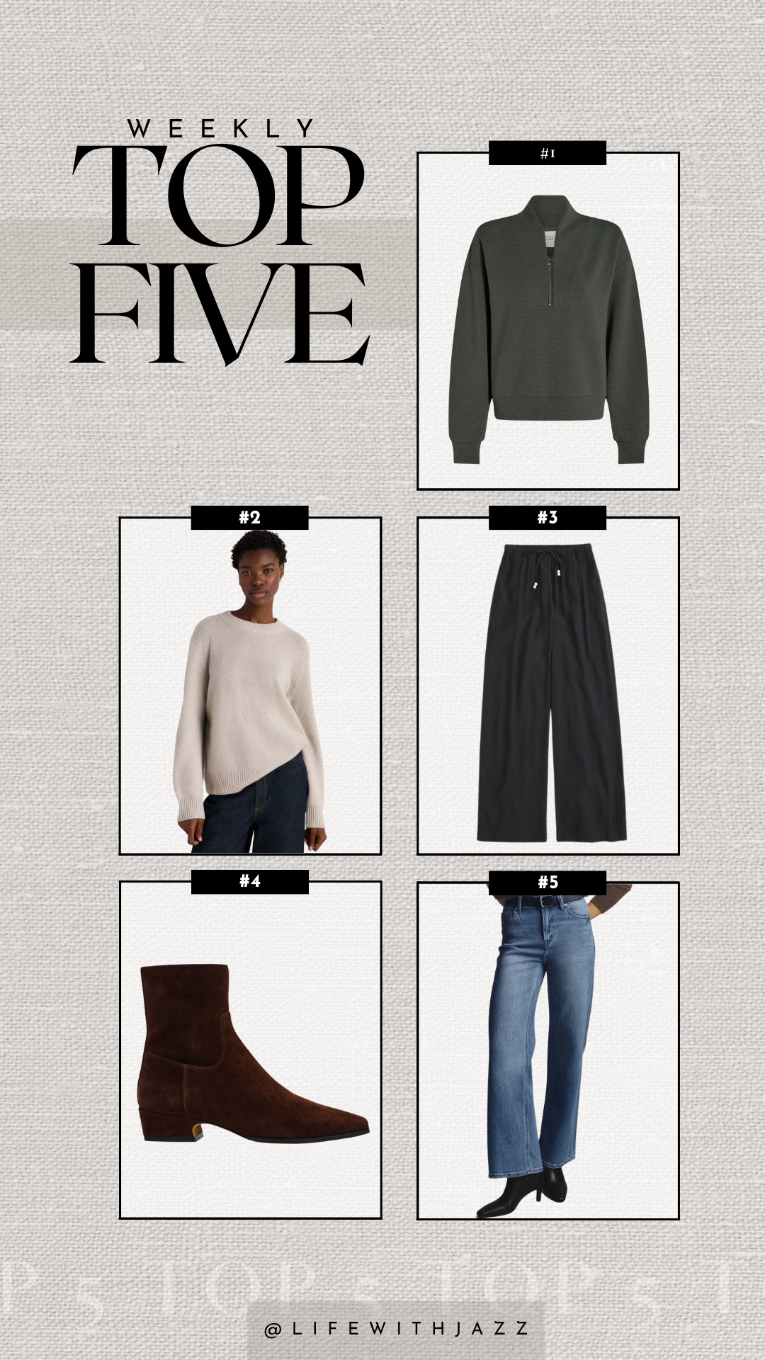 this week's bestsellers: 

1. Varley Davidson sweatshirt 
2. Quince oversized cashmere sweater -- perfectly oversized! 
3. Abercrombie crinkle pants -- 20% off + an additional 15% off with code AFJEAN
4. Steve Madden Dusty booties -- the best low-heeled boots 
5. Quince Bella relaxed straight leg jeans  

 #LTKSeasonal #LTKSaleAlert