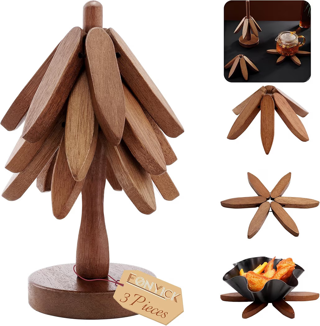 Wooden Trivets Tree for Hot Dishes, Set of 3 Wood Coaster for Hot Pots and Pans, Christmas Tree-Shaped Stackling Trivets with Organizer, 8 Inch Decorative Wooden Hot Pads, 3PCS Dark Walunt | Amazon (US)