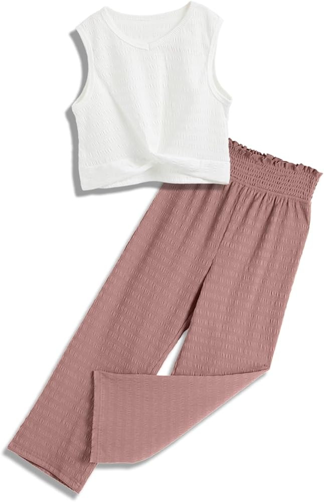 Kids Clothes Girls Summer 2024 Cute Outfits 2 Piece Tie Knot Crop Tops Wide Leg Long Pants Sets S... | Amazon (US)