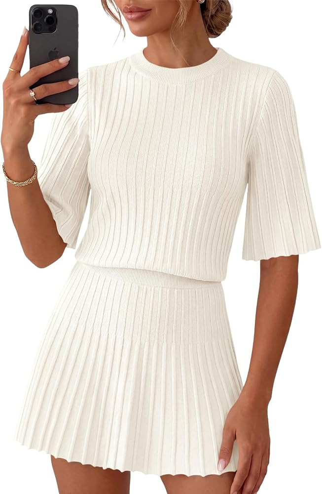 Saodimallsu Womens Sweater Sets 2 Piece Outfits Summer Half Sleeve Ribbed Knit Top and Pleated Sk... | Amazon (US)