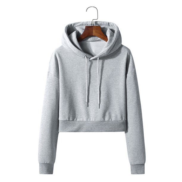 Frontwalk Womens Casual Long Sleeve Cropped Hoodie Sweatshirt Solid Color Hooded Shirts Light Gre... | Walmart (US)