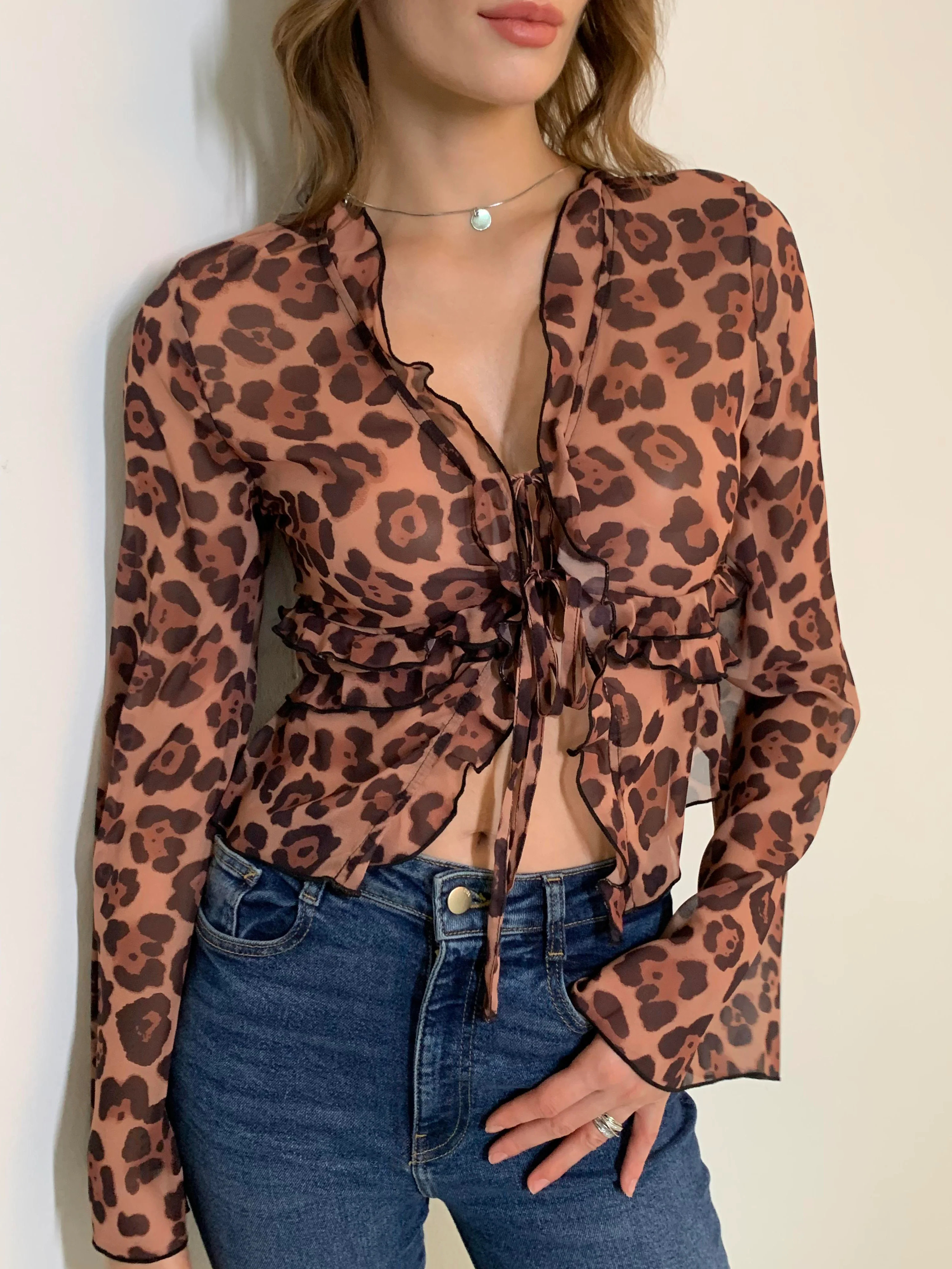 Leopard Print Semi-Sheer Ruffle V-Neck Blouse | Commense
