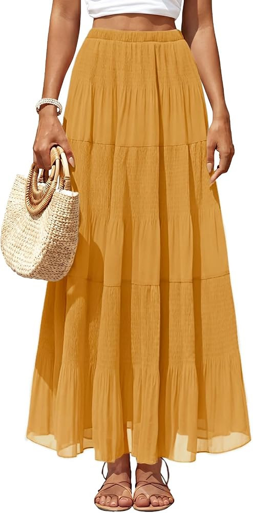 Women's Chiffon Pleated Maxi Skirt Elastic High Waisted Boho A-Line Fall Flowy White Long Skirts ... | Amazon (US)