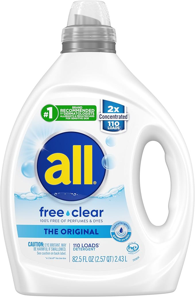 all Liquid Laundry Detergent, Free Clear for Sensitive Skin, Unscented and Hypoallergenic, 2X Con... | Amazon (US)