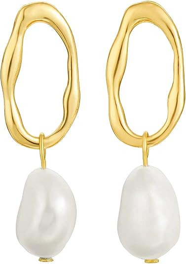 Gold Pearl Drop Earrings, 18K Gold Plated Baroque Pearl Dangle Earrings Lightweight Hypoallergeni... | Amazon (US)