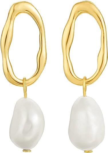 Gold Pearl Drop Earrings, 18K Gold Plated Baroque Pearl Dangle Earrings Lightweight Hypoallergeni... | Amazon (US)