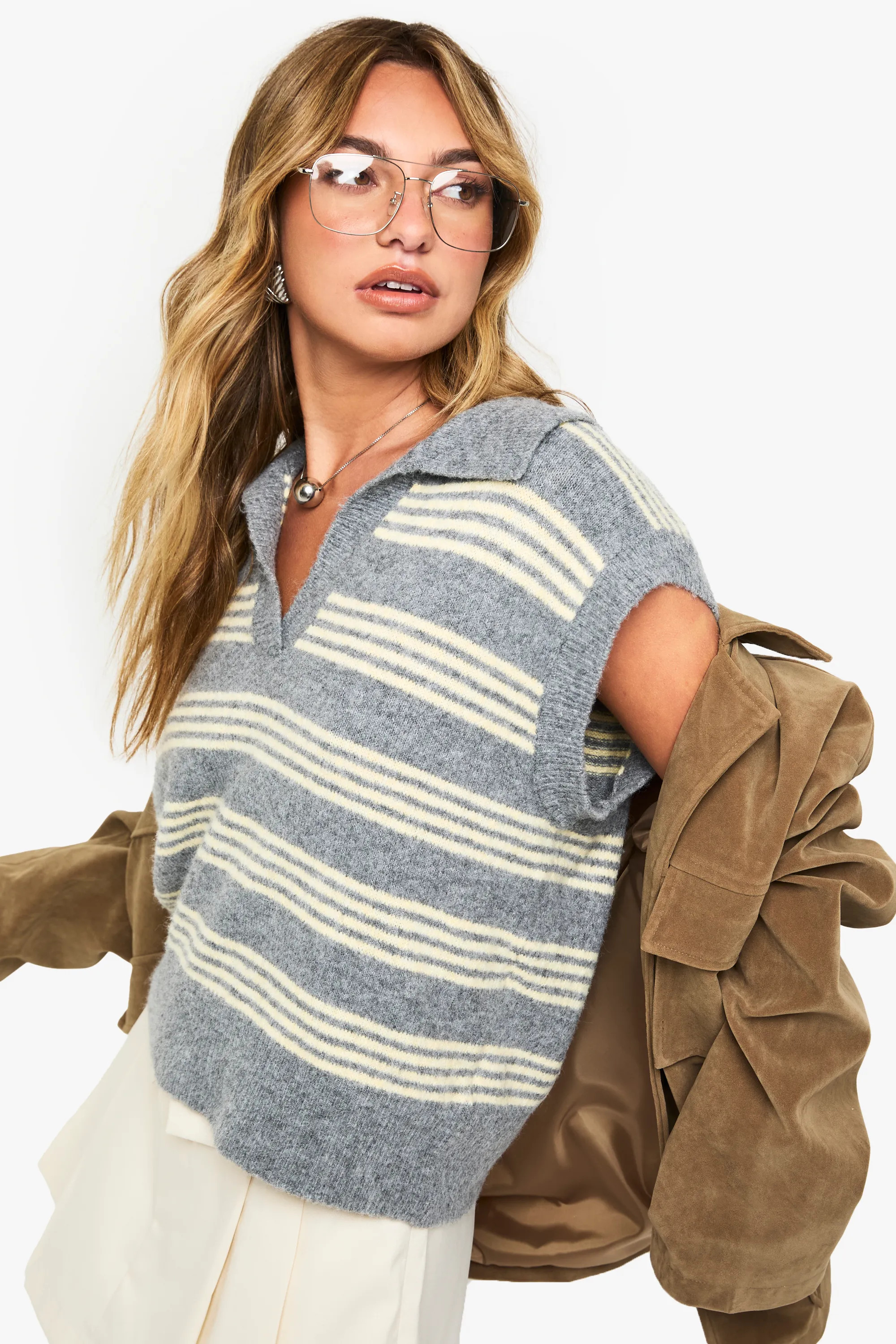 Collared V Neck Knitted Thin Stripe Vest | boohoo (US & Canada)