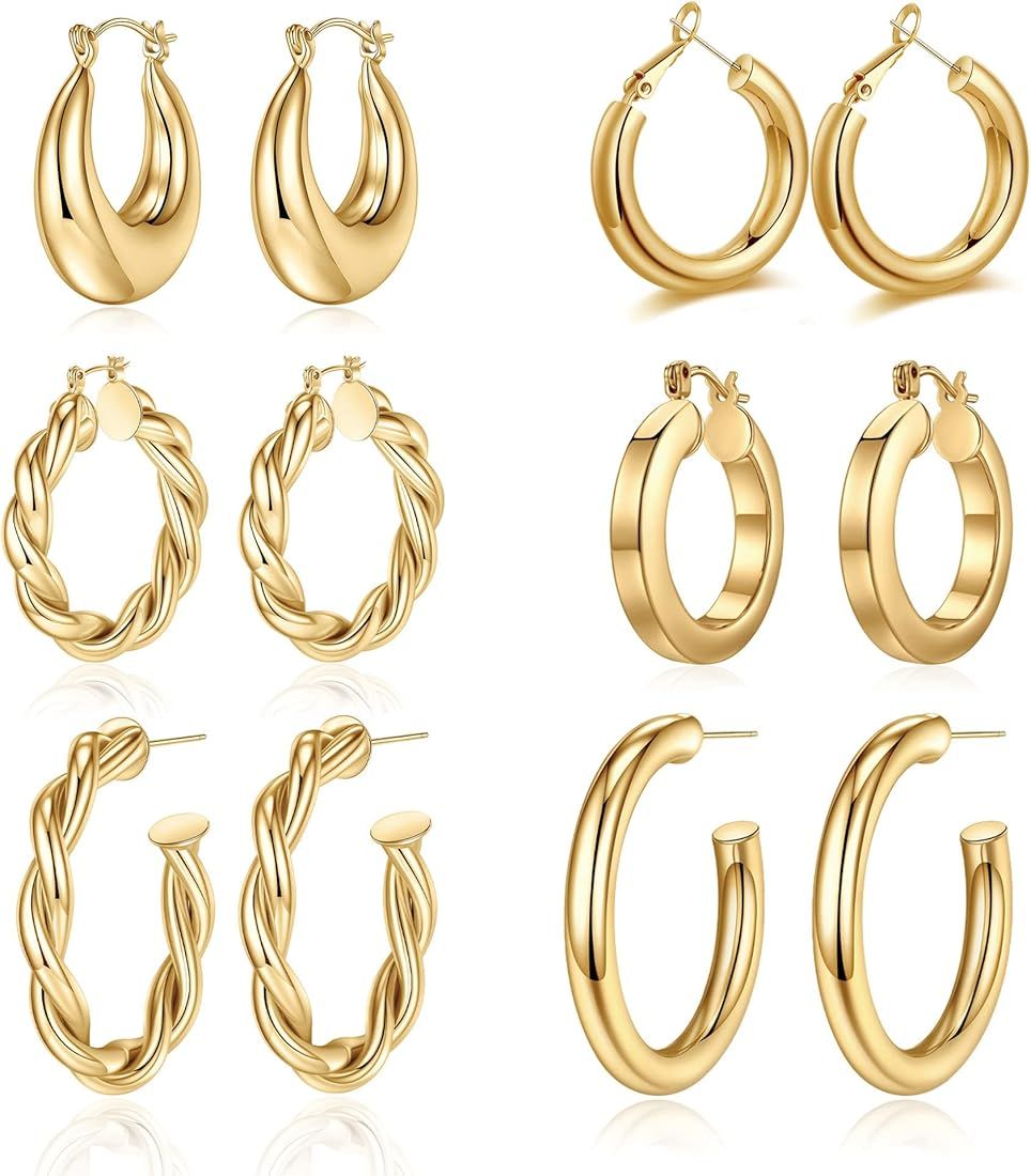 925 Sterling Silver Post 14K Real Gold Chunky Hoop Earrings Set for Women, Hypoallergenic Thick L... | Amazon (US)