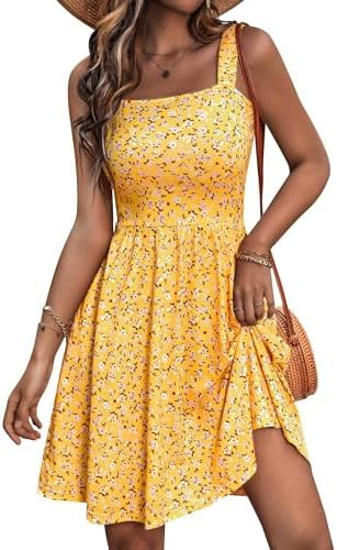 HUHOT Women's Summer Casual Square Neck Dress with Pocket Cute Sleeveless High Waist A-line Sundr... | Amazon (US)