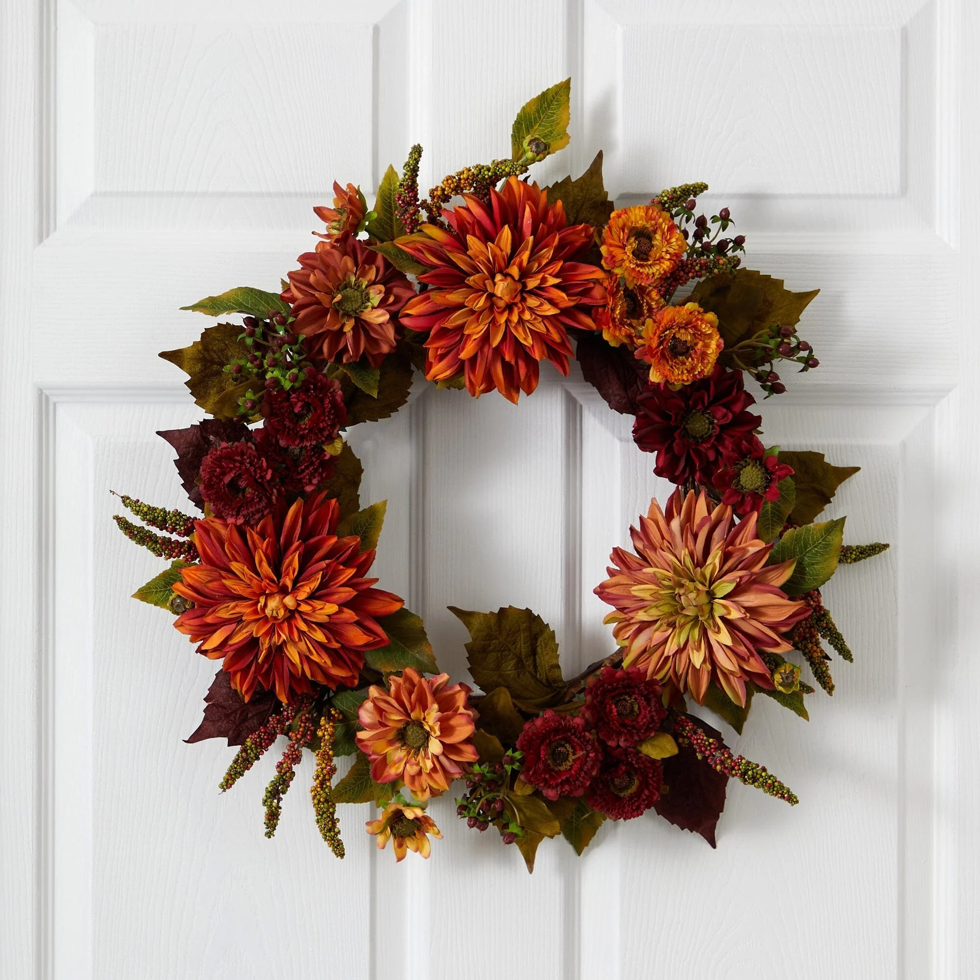 22” Dahlia & Mum Wreath - Autumn Beauty | Nearly Natural | Nearly Natural