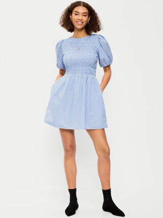 Smocked Puff-Sleeve Flare Mini Dress | Old Navy (US)