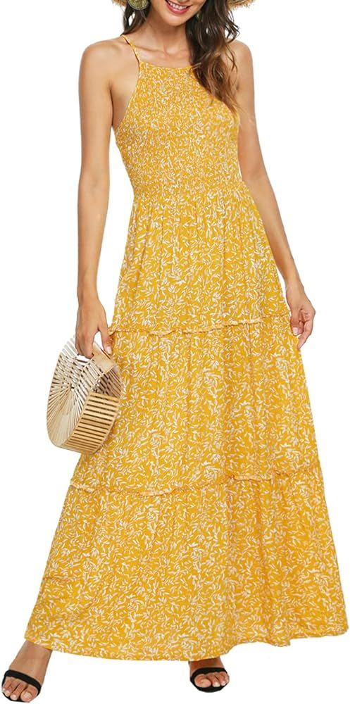Zattcas Womens Summer Sleeveless Floral Print Tiered Ruffle Long Maxi Dress | Amazon (US)