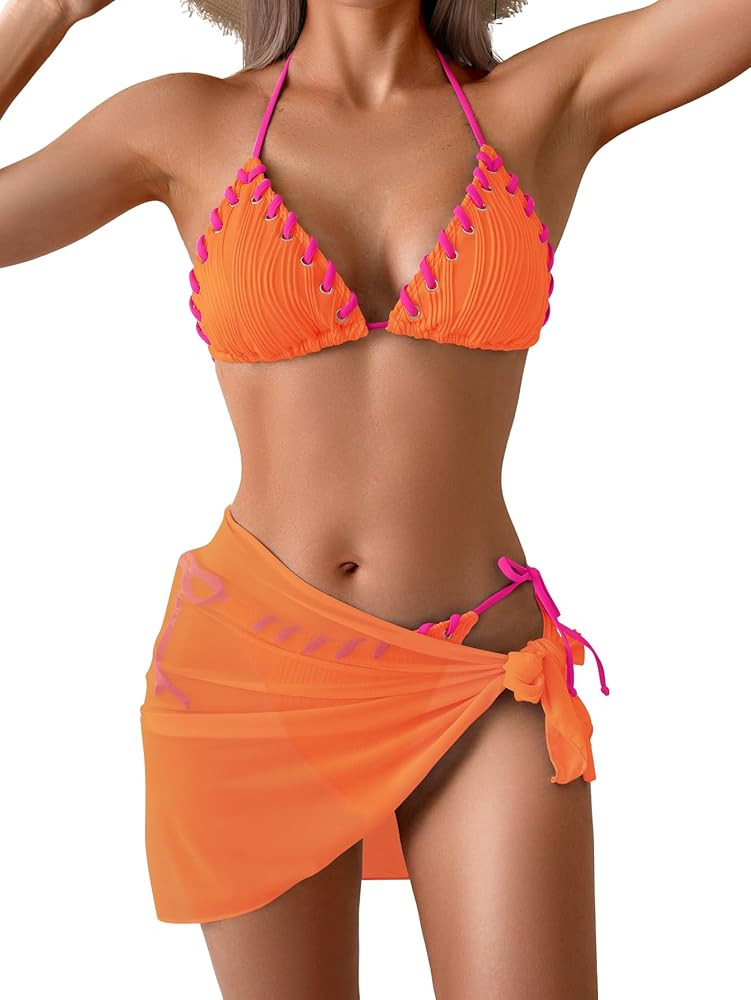 B2prity Women's Bikini Sets 3 Piece Swimsuit Halter Triangle Mesh Sarong Wraps Bathing Suit with ... | Amazon (US)