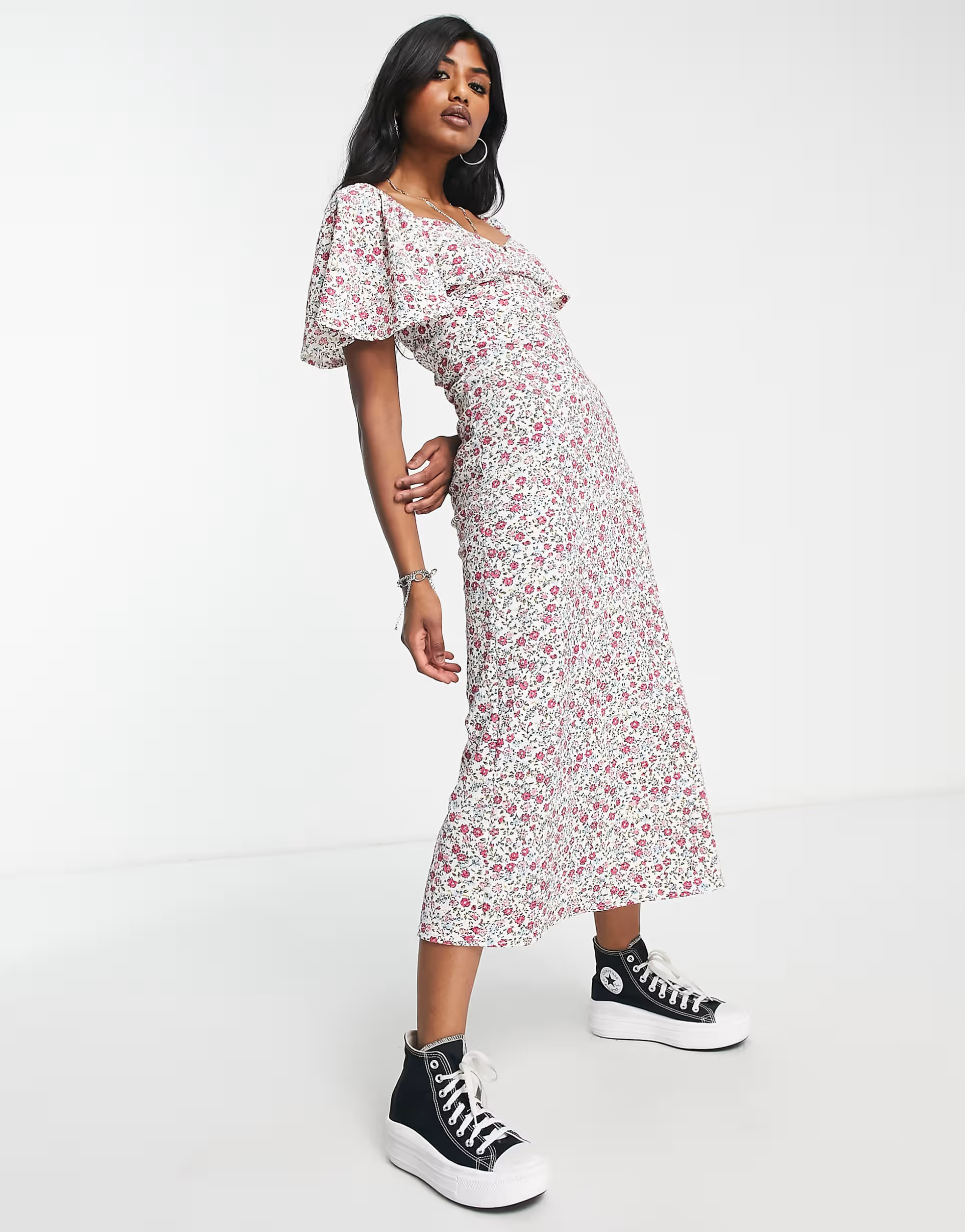 ASOS DESIGN crinkle flutter sleeve midi dress with tie detail in cream and pink floral | ASOS (Global)