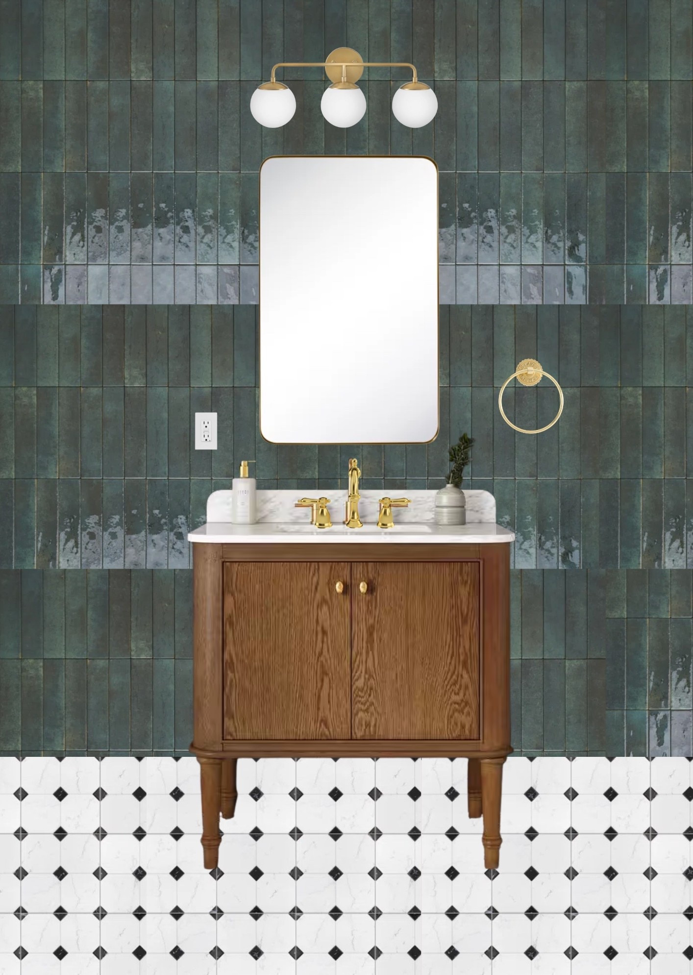 Our guest bathroom makeover is giving boutique hotel vibes — complete with a green tile accent wall, dark wood vanity, and brass faucet paired with a sleek black wall mirror. The mix of earthy tones and modern finishes makes it the perfect blend of cozy and elevated. Great for saving to your bathroom renovation board or modern guest bath inspiration collection.

#LTKFindsUnder100 #LTKHome