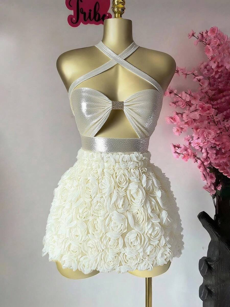 BamGleam Sexy Hollow Cross Tie Red Rose Dress | SHEIN