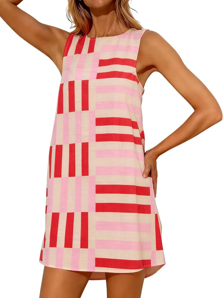 Womens Summer Boho A-Line Mini Dress Casual Color Block Sundress Sleeveless Beach Vacation Coveru... | Amazon (US)