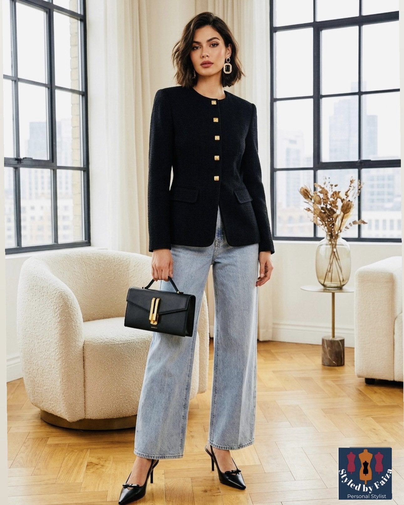 Jeans don’t have to be casual. Pair them with a structured collarless jacket and pointed slingbacks and suddenly you’re the most polished person in the room. Jewelled earrings and a classic black bag to finish — chef’s kiss.💋 

#LTKstyletip #LTKworkwear #LTKdatenight