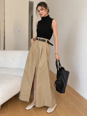 Oversized Cotton Split Maxi Skirt Without Belt | Commense