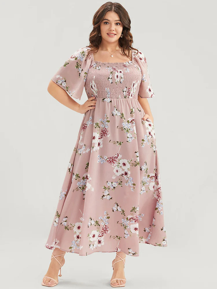 Floral Square Neck Ruffles Pocket Shirred Split Dress | Bloomchic