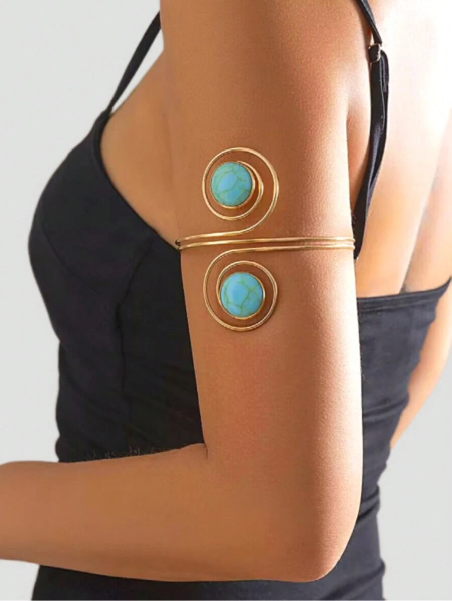 1 pieza Brazalete de metal dorado con incrustación de resina turquesa, estilo minimalista ajusta... | SHEIN