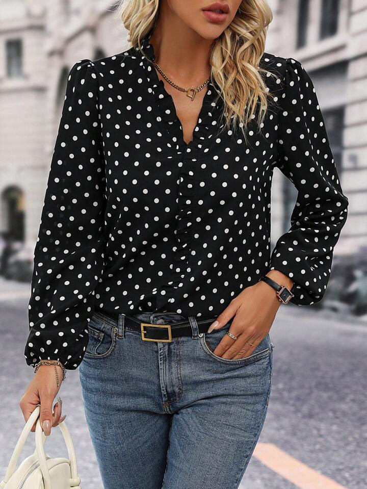 SHEIN LUNE Polka Dot Print Lantern Sleeve Blouse | SHEIN