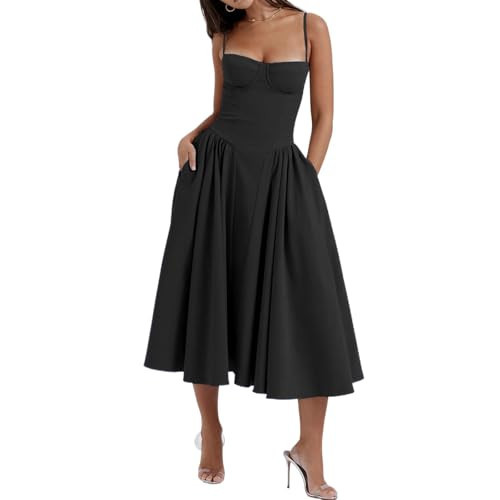 Women's Vintage Corset Dress - Elegant Bustier Spaghetti Strap A-Line Midi Dress with Pockets for Cocktail Party Black | Amazon (US)