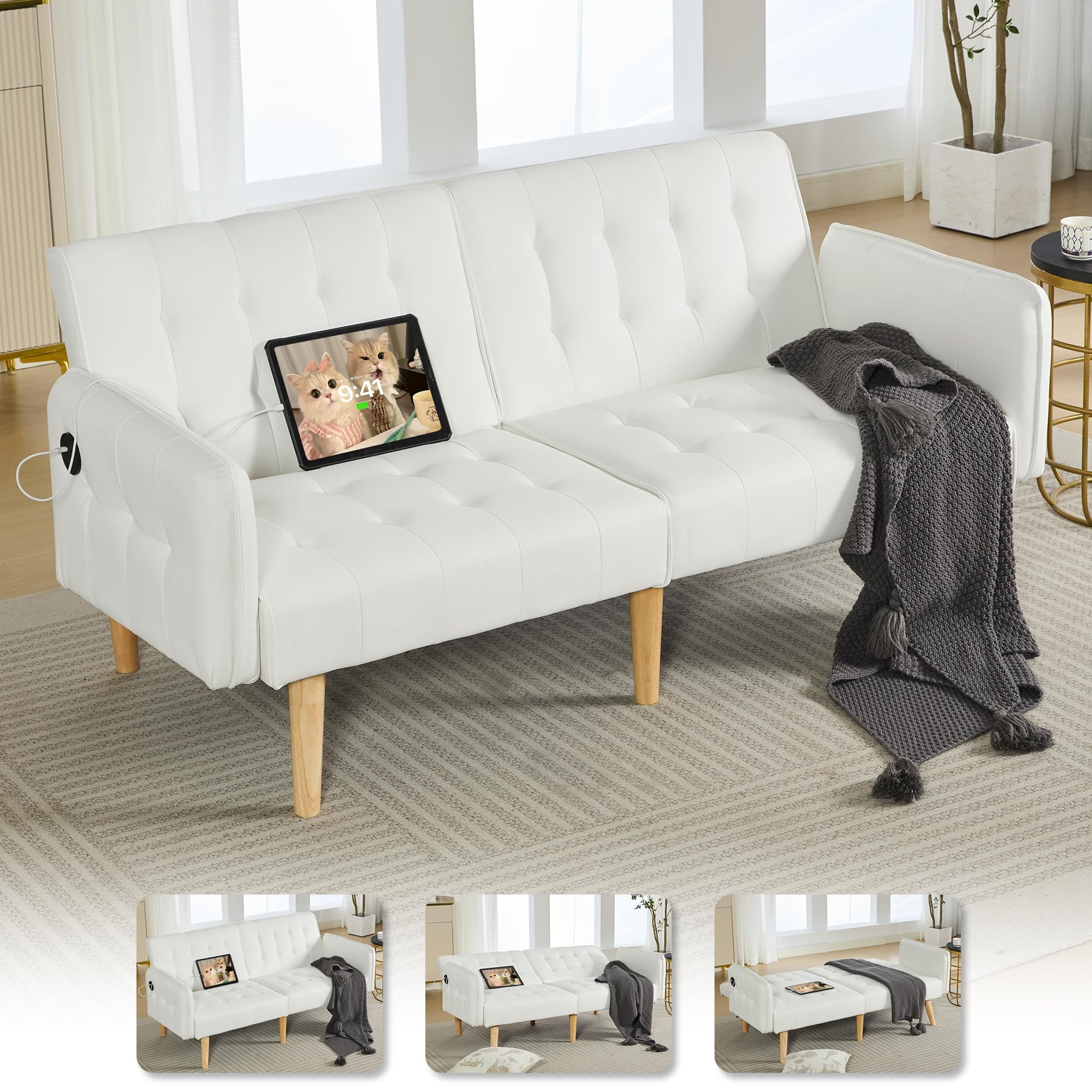 TYBOATLE Modern Faux Leather Upholstered Convertible USB Folding Futon Sofa Bed, 65" Couch, Love ... | Amazon (US)