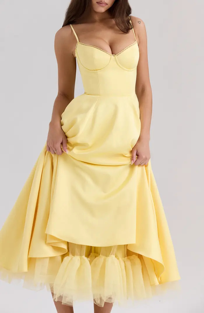 Mademoiselle Bustier Stretch Satin Midi Cocktail Dress | Nordstrom