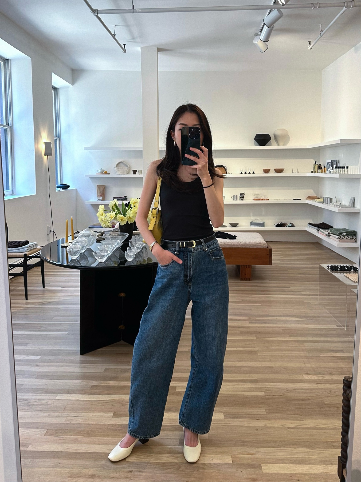 shopping in soho - outfit
black tank: argent
barrel jeans: love bonito
belt: sezane 
white shoes: everlane
yellow bag: Kenneth Cole (flea market)

#LTKStyleTip #LTKShoeCrush #LTKFindsUnder100