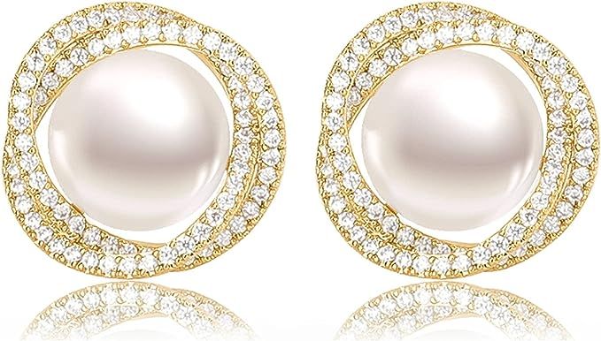 14K Gold Plated Round Pearl Earrings Studs With Diamonds Women's 80 Cubic Zircon Artificial 5mm P... | Amazon (US)