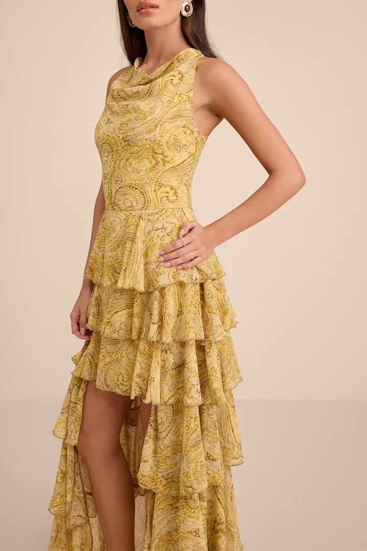 Cayson Yellow Paisley Tiered High-Low Maxi Dress | Lulus