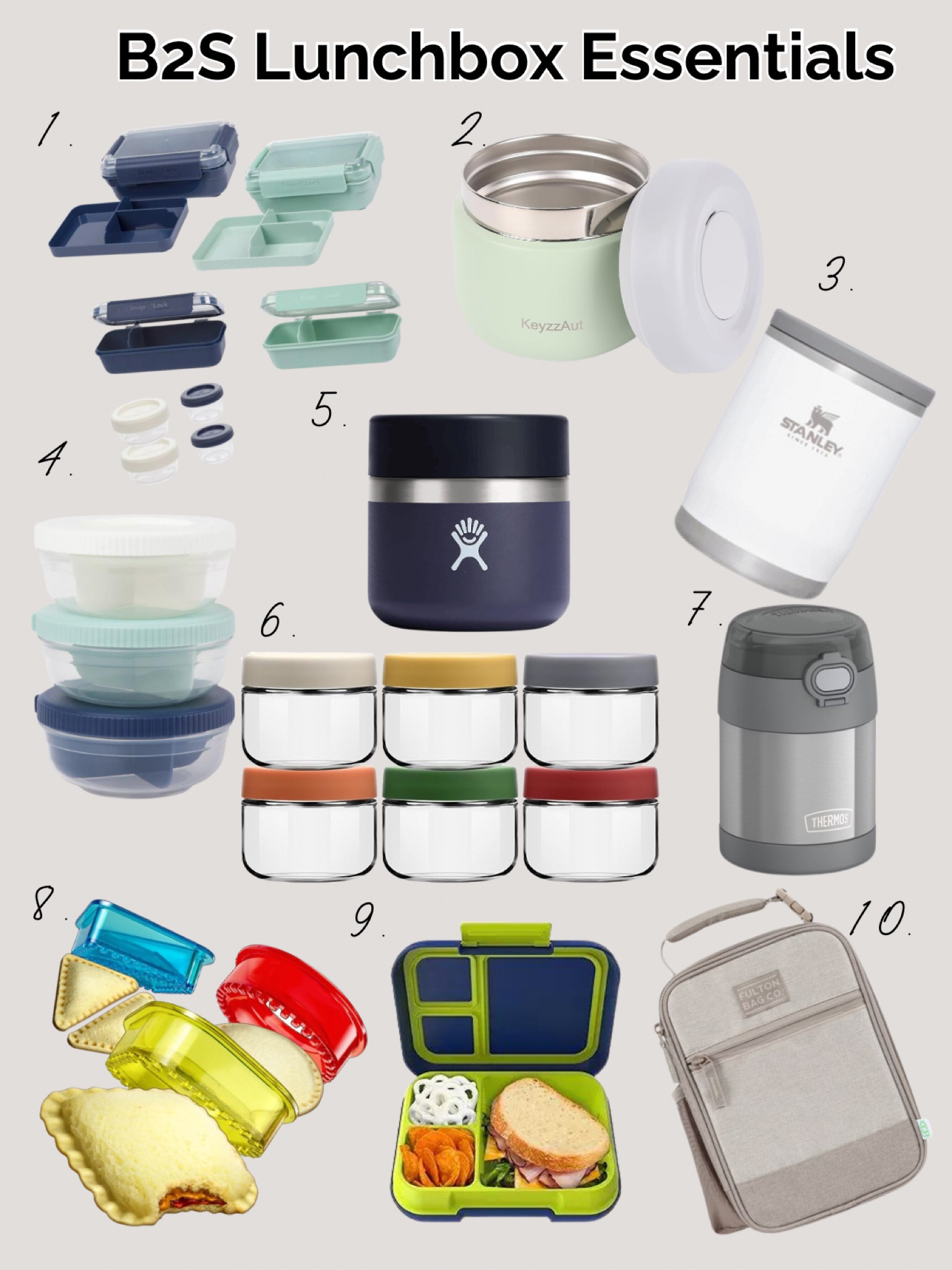 Tried and tested lunchbox essentials:
1. Snaplock bento lunch box system 
2. Amazon 8 ounce thermos
3. Stanley wide mouth 12 ounce thermos 
4. Snaplock divided snack containers 
5. Hydro flask 8 ounce thermos 
6. Glass lidded sauce jars (perfect for dressings and dips)
7. Flip lid 10 ounce thermos with spoon
8. Homemade uncrustables sandwich tools
9. Bento style lunchbox (good for older elementary school kids)
10. Fulton Bag lunch bag (holds both styles of bento boxes) 



#LTKKids #LTKBacktoSchool #LTKFamily