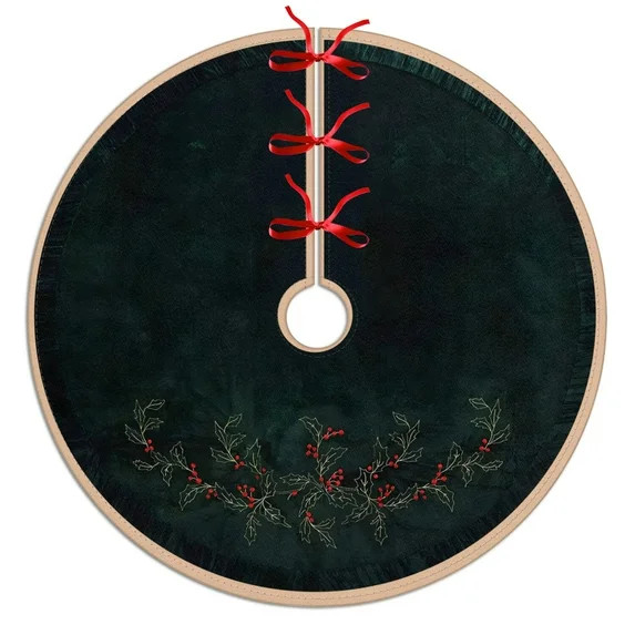 Sem Holly Leaf Velvet Christmas Tree Skirt with Pleat Velvet Border (Dark Green 48in) | Walmart (US)