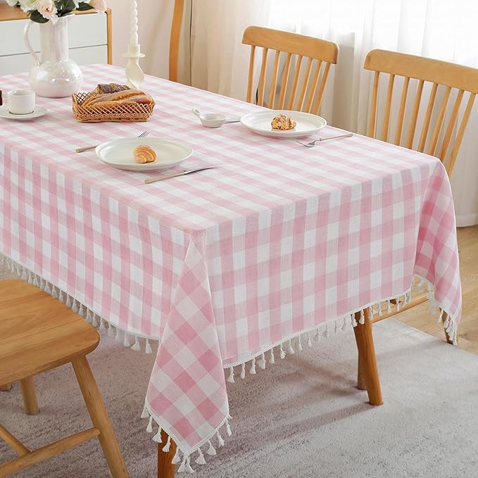 Pink Checkered Table Cloth Rectangle Cotton Linen Fabric Gingham Tablecloth with Tassel Washable ... | Amazon (US)
