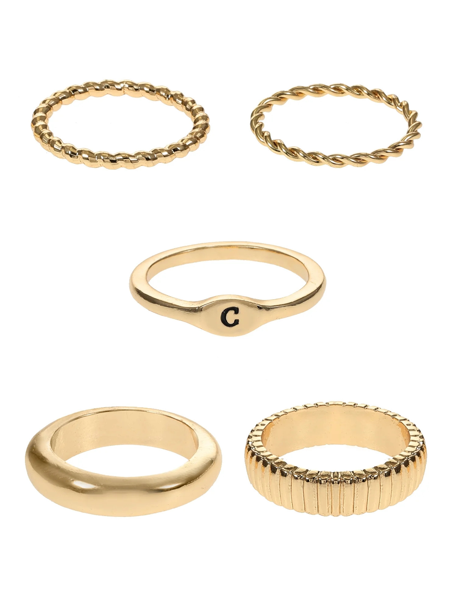 Time and Tru Goldtone Initial Letter Ring Set, 5 Piece, Size 7, Letter C | Walmart (US)
