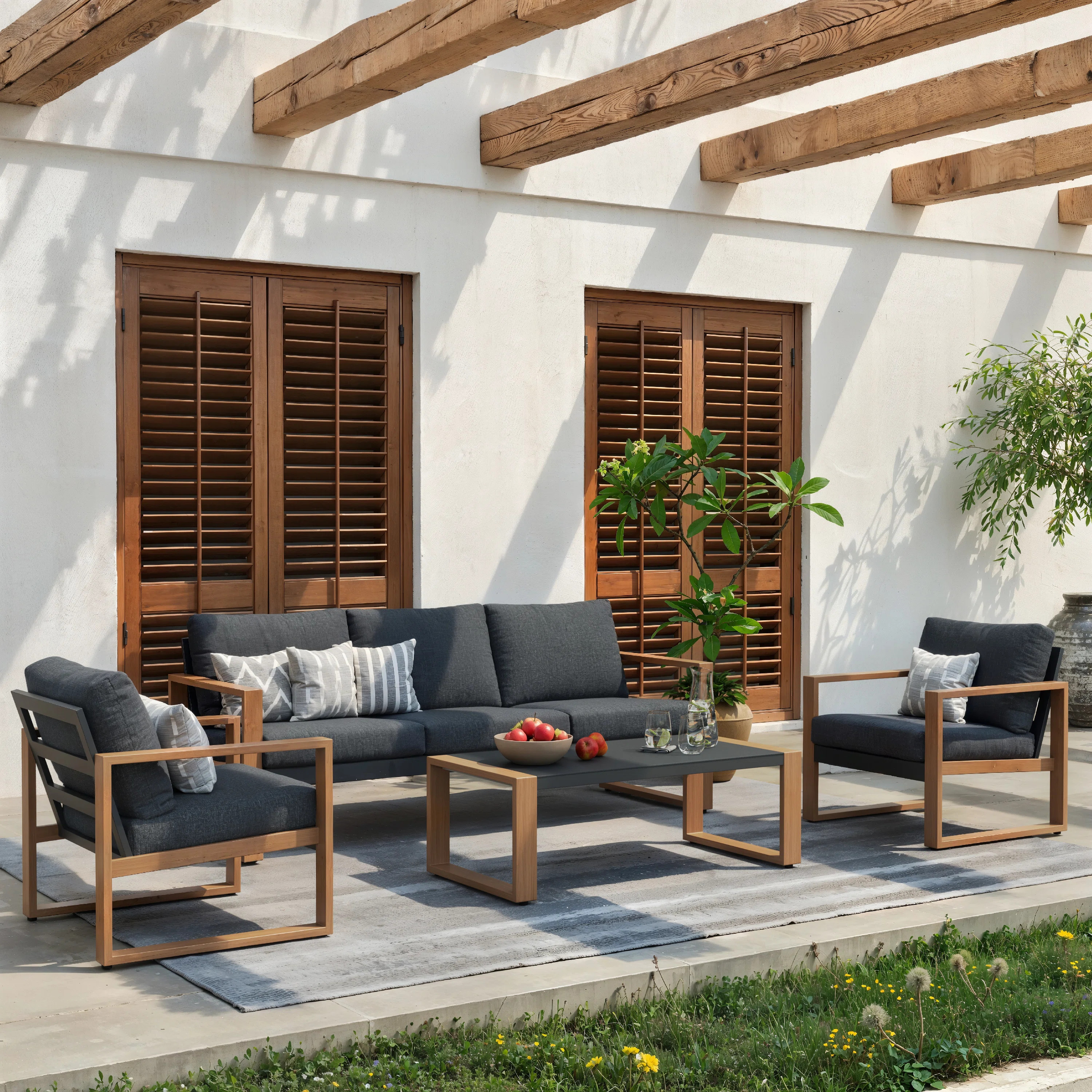 Wade Logan\u00ae Arunas 4-Piece Steel Outdoor Conversation Set with Wood-Grain Pattern & Weather-... | Wayfair North America
