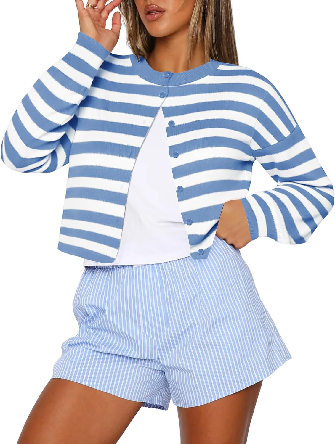 Kistore Womens Cropped Cardigan Sweaters Crew Neck Long Sleeve Button Up Sweaters Lightweight Knit Trendy Sweaters 2026 | Amazon (US)