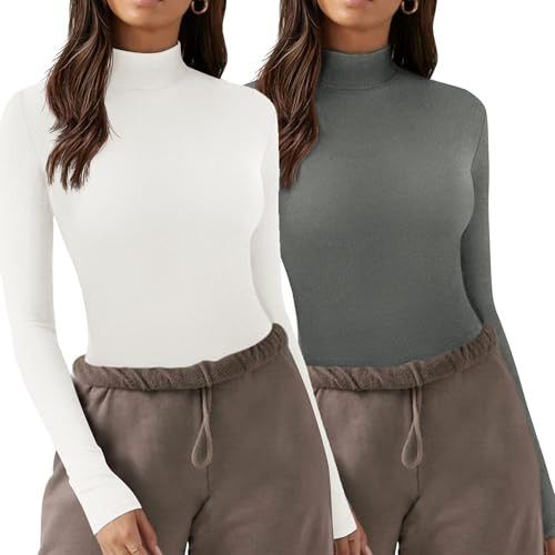 Zeagoo Womens Mock Neck Tops Casual Basic Crop Top Slim Fit Turtleneck Long Sleeve Shirt for Women Trendy, 2 Pack White+Deep Grey S | Amazon (US)
