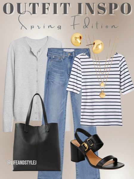 Spring essentials: classic denim paired with a timeless striped shirt, topped off with a cozy cardigan for those breezy days. Add a chic heels or sneaker then accessorize. #springfashion #over40 #casualchic 