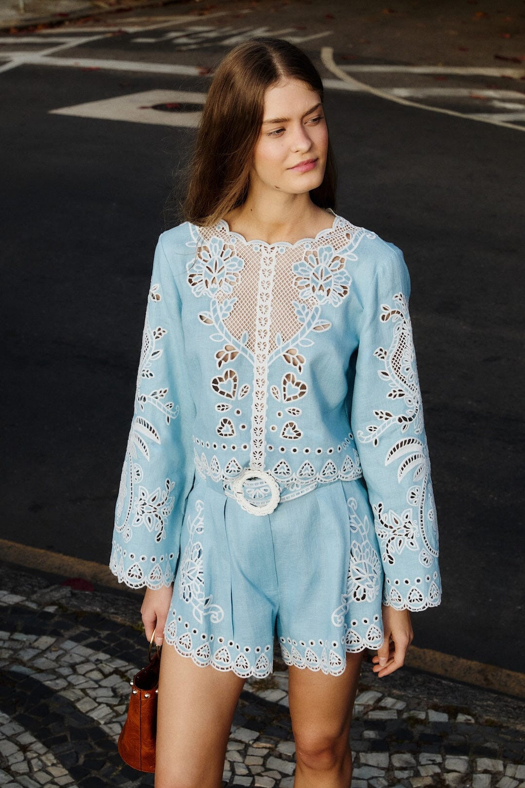 Light Blue Romantic Richelieu Euroflax Premium Linen Shorts | FARM Rio | FarmRio (US)