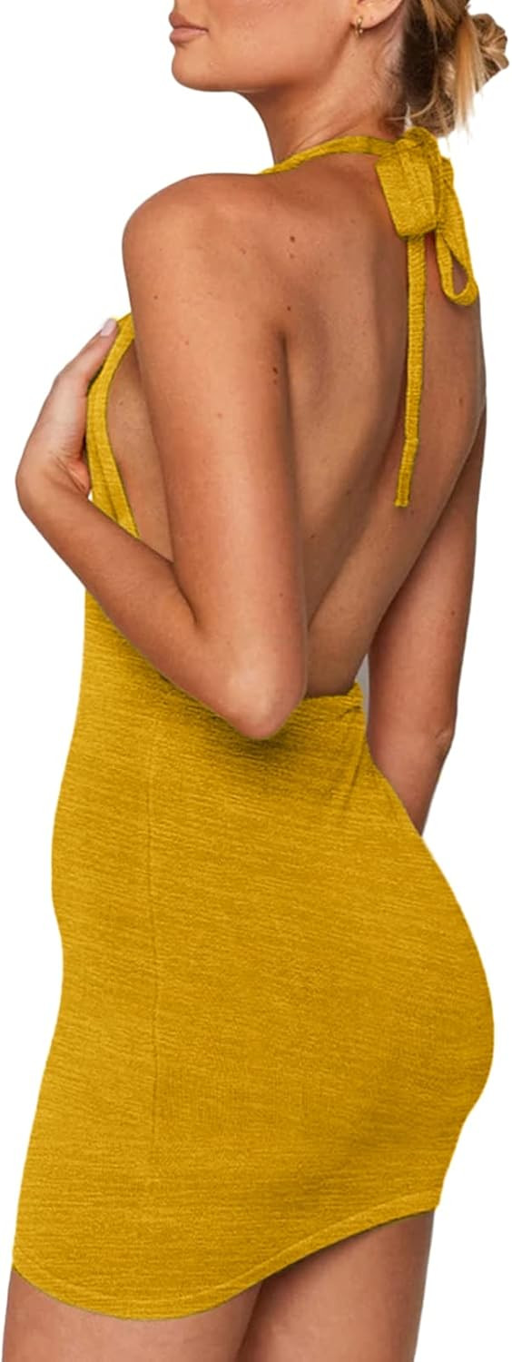 Women’s Mini Dress Knitted Backless Halter Sleeveless Shinny Club Party Holiday Beach Bodycon D... | Amazon (US)