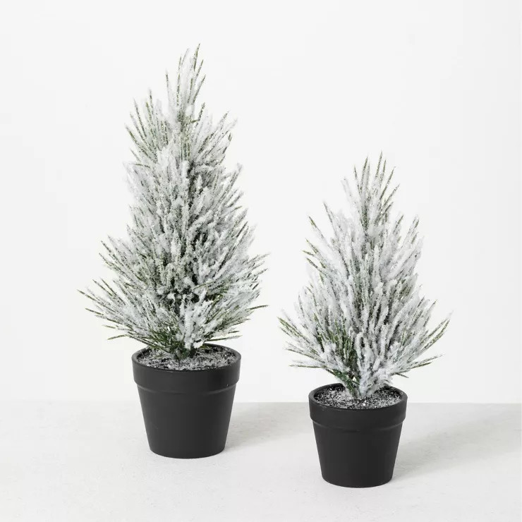 Sullivans Flocked Pine Artificial Tree Set of 2, 11"H & 9"H Green | Target
