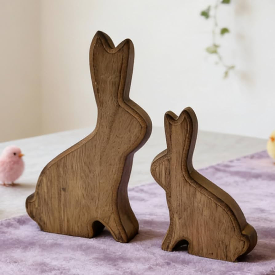 Easter Bunny Figurines Wooden Vintage Rabbit Decor, 2Pcs Rustic Bunny Decor Rabbit Statue, Natura... | Amazon (US)