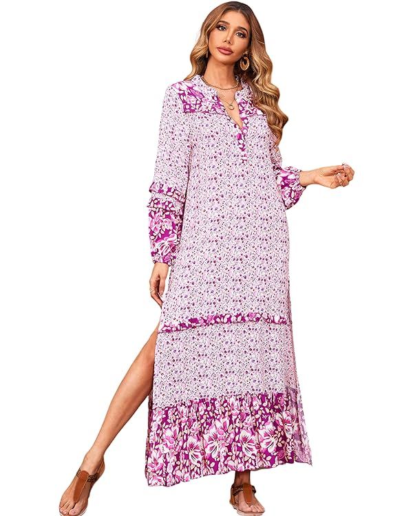 R.Vivimos Women's Long Sleeve Floral Print Bohemian Maxi Dresses with Slit | Amazon (US)
